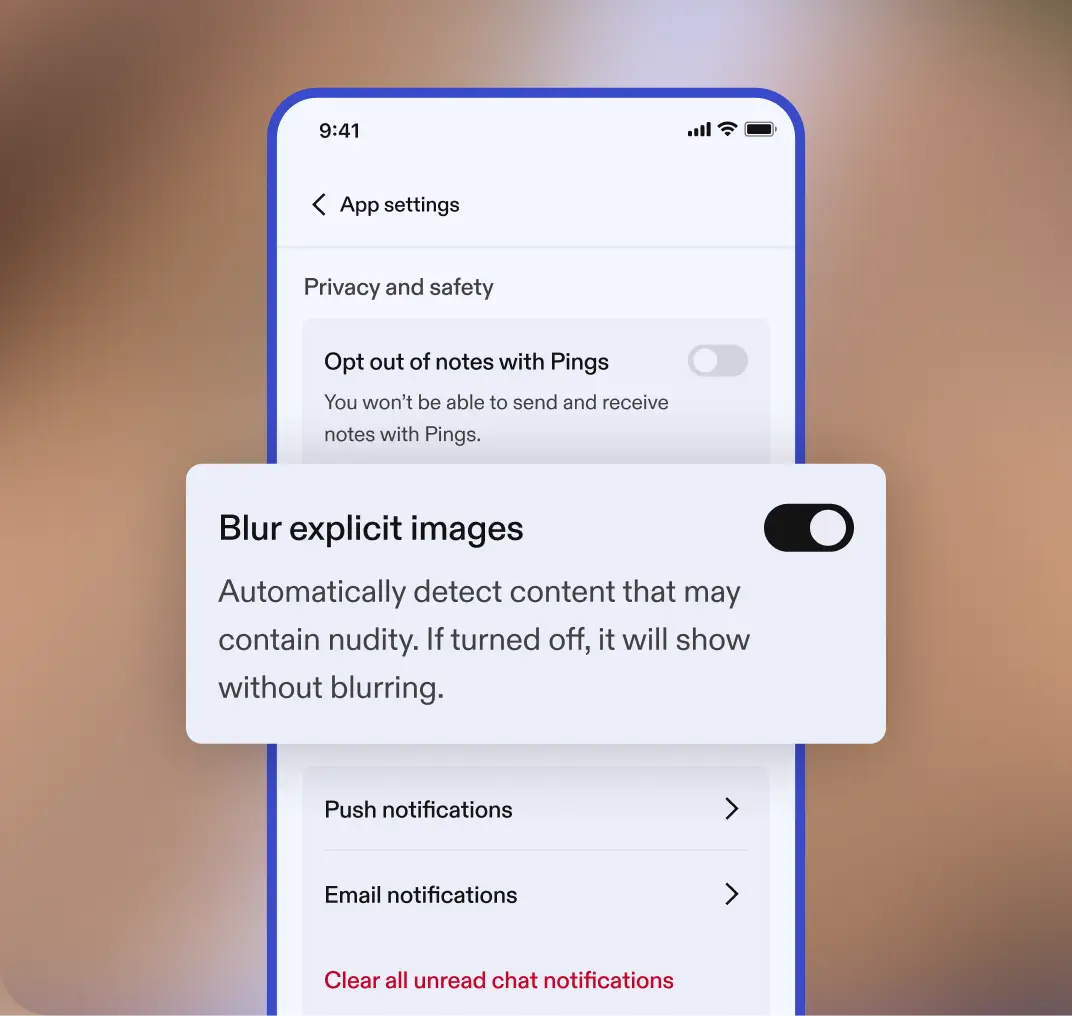 An App settings screen showing Blur explicit images toggle.